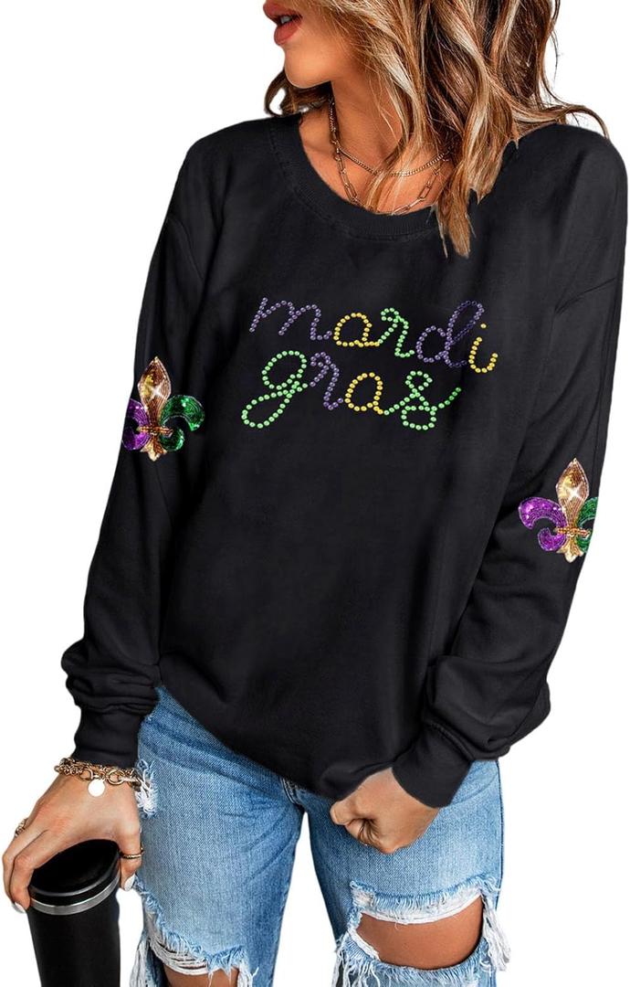 SELINK Womens Mardi Gras Sweatshirt Oversized Crewneck Sequin Long Sleeve Casual Pullover Tops (Large, Z12 Black Mardi Gras)