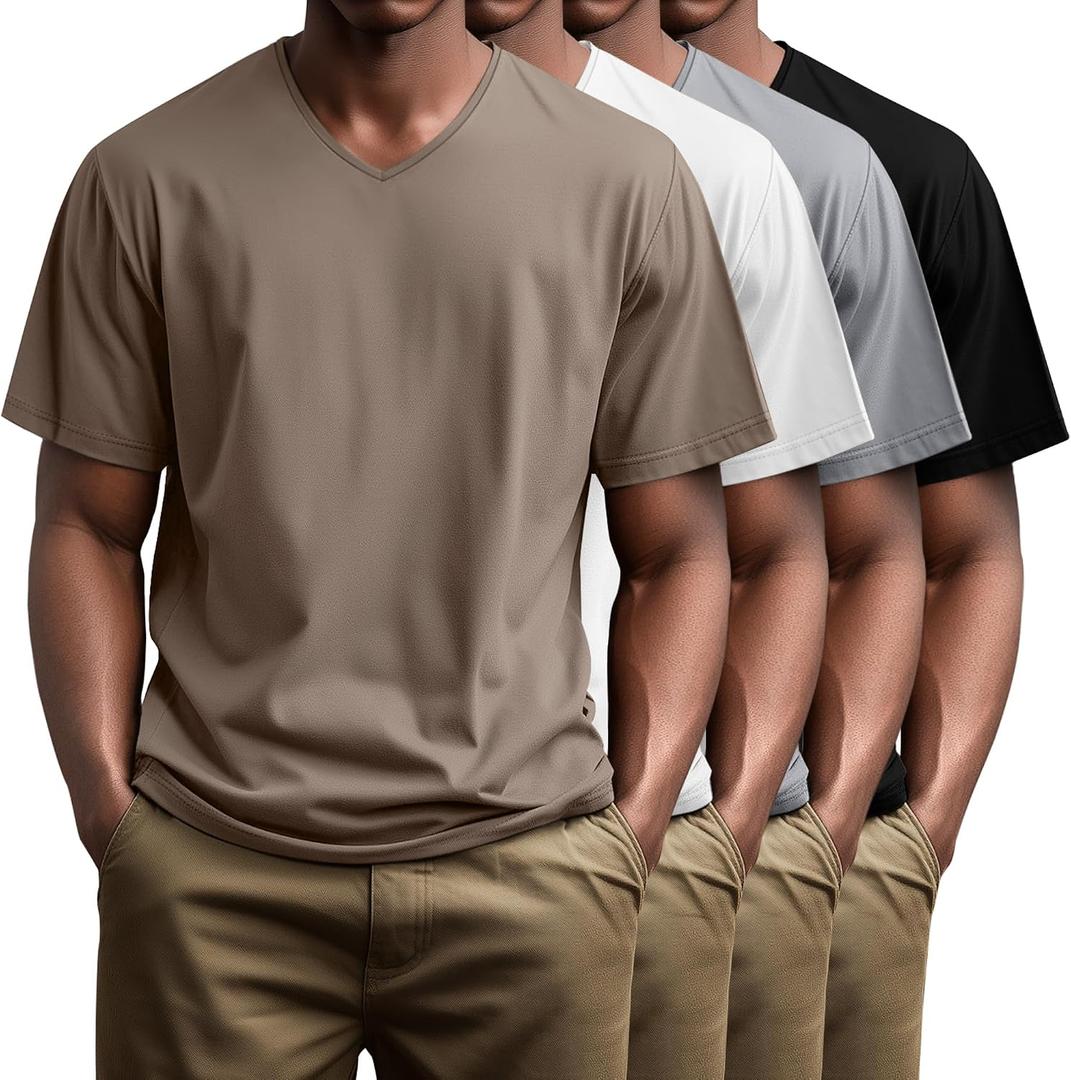 Huukeay 4 Pack Men's V Neck Cotton T Shirts M-7XL Regular Big and Tall Short Sleeve Tee 2026 Summer Clothing