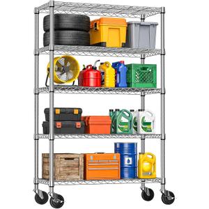 IZEUK 5-Tier Storage Shelving Unit with Wheels, Adjustable Heavy Duty Steel Wire Rack Organizer (Chrome, 17.7" D x 47.2" W x 76.7" H, 1750 lbs Capacity) for Garage, Kitchen, Pantry, Laundry, Basement
