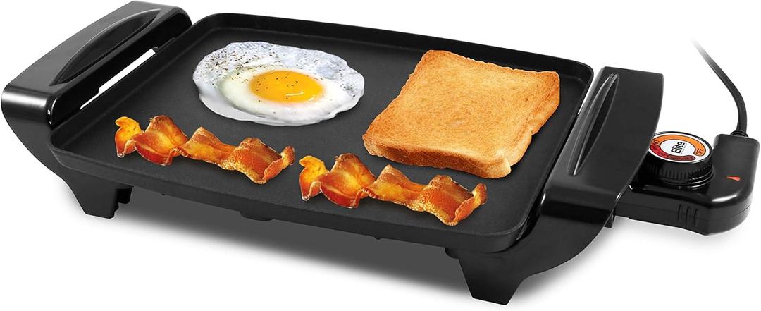 Elite Gourmet EGR-2722B Electric 10.5" x 8.5" Griddle, Cool-touch Handles Non-Stick Surface, Removable/Adjustable Thermostat, Skid Free-Rubber Feet, Black