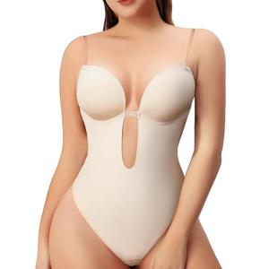Slimers Women Shapewear Backless Body Bra Shaper Womens Plus Size Plunge Invishaper Low Back Thong Bodysuits Open Crotch Daily Use((Beige L) XXL