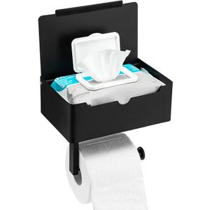 Matte Black Toilet Paper Holder Tissue Roll Hanger with Shelf Flushable Wipes Dispenser Storage Box Large Stainless Steel Bathroom Lavatory Hardware Wall Mount Adhesive