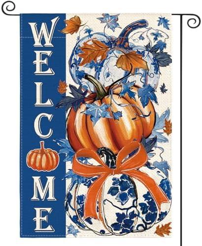 AVOIN colorlife Blue and White Chinoiserie Fall Garden Flag 12x18 Inch Double Sided Outside, Pumpkin Autumn Rustic Yard Outdoor Flag