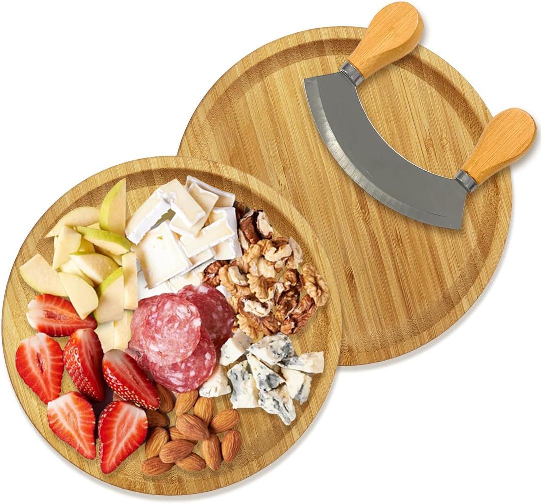 Round Bamboo Serving Tray with Handled Mezzaluna Knife Fruit, Bread, Salad Plate, Round Wood Charcuterie Board Coffee Table, Suitable for Storage and Display (Bamboo, 8x8 inch)
