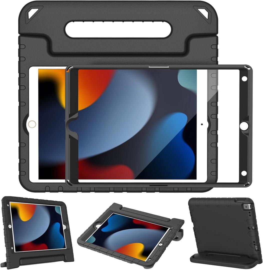 LTROP Kids Case for iPad 9th/ 8th/ 7th Generation (2021/2020/ 2019), iPad 10.2 Case with Built-in Screen Protector, Shockproof Handle Stand Kids Case for iPad 9/8/ 7 Generation 10.2 Inch - Black