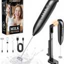Dynooper Electric Milk Frother Handheld: Rechargeable 3 in 1 - LED Digital Display with 3 Speeds Portable Stainless Steel Drink Foam Mixer for Milk Coffee, Lattes - Starlight Black