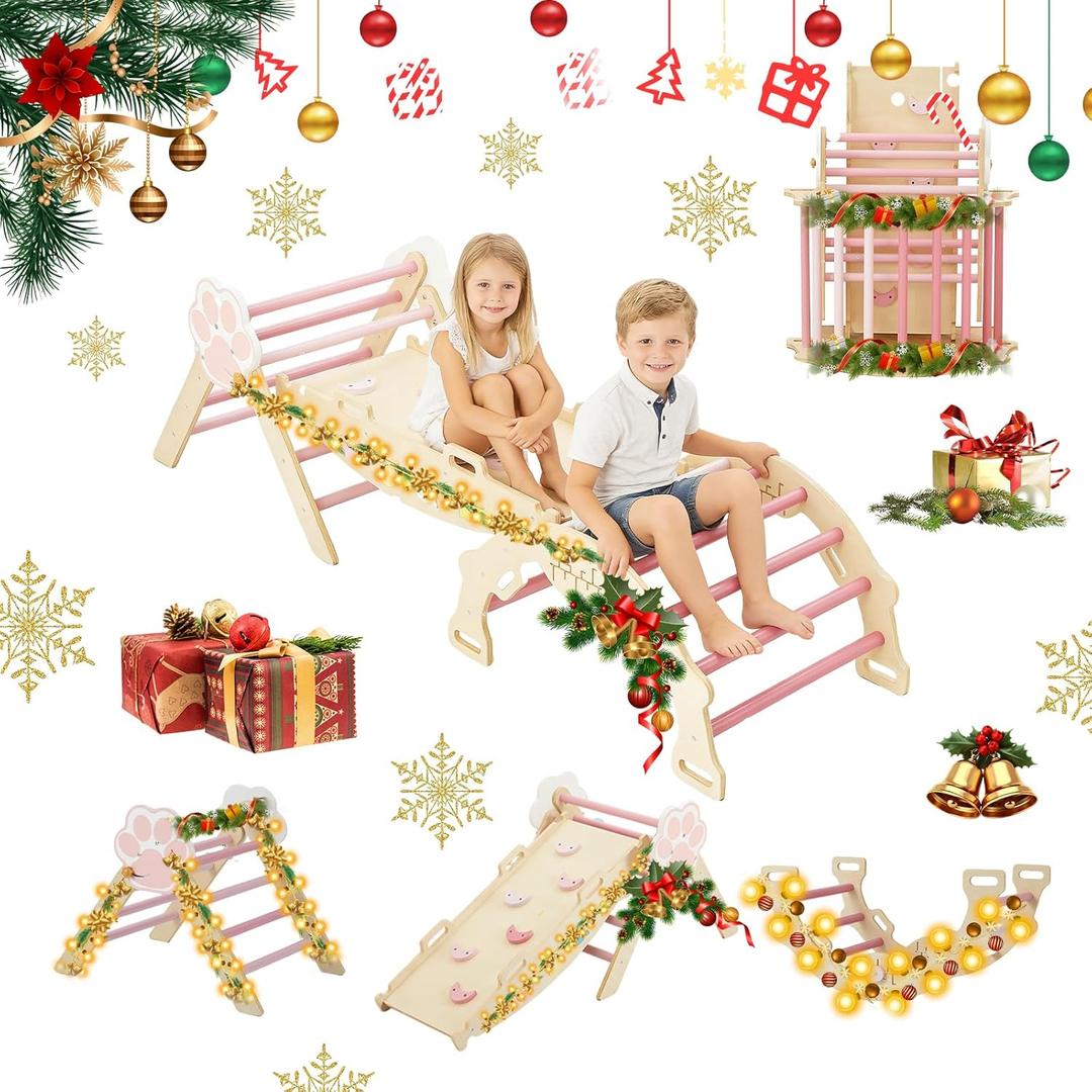 Pikler Triangle Set, 7-in-1 Foldable Climbing Toys Indoor, Wooden Playground Jungle Gym with Arch & Ramp & Ladder, Montessoris Kids' Indoor Climbers Activity Center for Boy Girl Gift