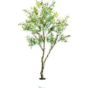 Artificial Olive Tree 7ft with Realistic Leaves, Dewdrops and Olives, Full and Grand Design Faux Tree with Sturdy Base for Indoor Outdoor Office Decor (With Dewdrops)