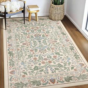 3x5 Washable Area Rug Floral Beige Entryway Small Rug Vintage Forest Low Pile Non Slip Stain Resistance Soft Carpet for Kitchen, Bedroom Beside, Laundry Room, Office Rug, Kids Room, Nursery Room