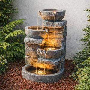 Teamson Home 33" Outdoor Water Fountain with LED Lights, 3 Tier Cascading Bowls, Weather-Resistant Resin Garden Water Feature for Patio, Lawn, and Backyard Decor Stone Gray
