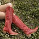 Rivalran Cowboy Boots for Women - Knee High Pointed Toe Chunky Heel Pull On Zipper Western Cowgirl Boots, Retro Country Vintage Fashion Tall Boots (Red) US 9.5
