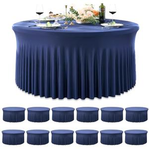 Htper 12 Pack Navy Blue Spandex Round Tablecloths for 60 inch Table, Wrinkle Free Stretchy 120inch Fitted 5FT Round Table Cloths Cover with Skirt for Wedding Birthday Party Banquet Events