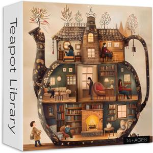 Teapot Library Puzzles for Adults 1000 Pieces, PICKFORU Vintage Bookshelf Book Puzzles Room Art, Difficult Unique Reading Room Scene Theme