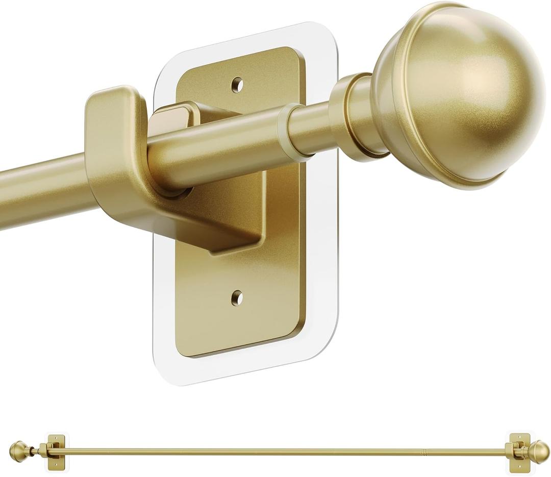 ENJOYBASICS No Drill Curtain Rods for Window 48 to 84 Inches, 5/8 Inch Diameter Renter Friendly Drapery Rod with Adhesive Brackets without Drilling, Adjustable from 27 to 90 Inches, Gold