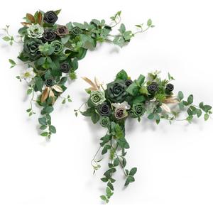 Ling's moment 2PCS Emerald & Gold Artificial Flower Garland Floral Swags Table Centerpieces Wedding Arch Flowers Decoration Green Rose Greenery Arrangements for Sweetheart/Head Table Decor