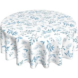 Watercolor Blue White Grey Leaves Round Tablecloth 60 Inch Teal Gray Woodland Leaf Table Clothes Spring Summer Waterproof Reusable Circle Table Cover for Picnic Party Dining Room Home Decor