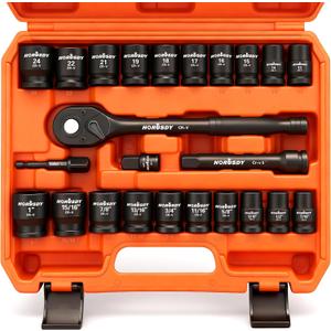 HORUSDY 1/2" Drive Shallow Impact Socket Set, 24-Piece SAE (7/16"-1") and Metric (13-24mm), 6 Point, Cr-V, Includes 1/2-Inch Drive Ratchet Handle, Drive Extension Bar