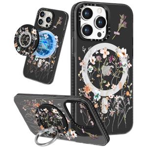 for iPhone 15 Pro Max Case for Women - Cute Kawaii Design Girls Compatible with Magsafe Magnetic Ring Holder Stand Blue Flower Phone Covers Aesthetic Girly TPU Funda for 15 Pro Max