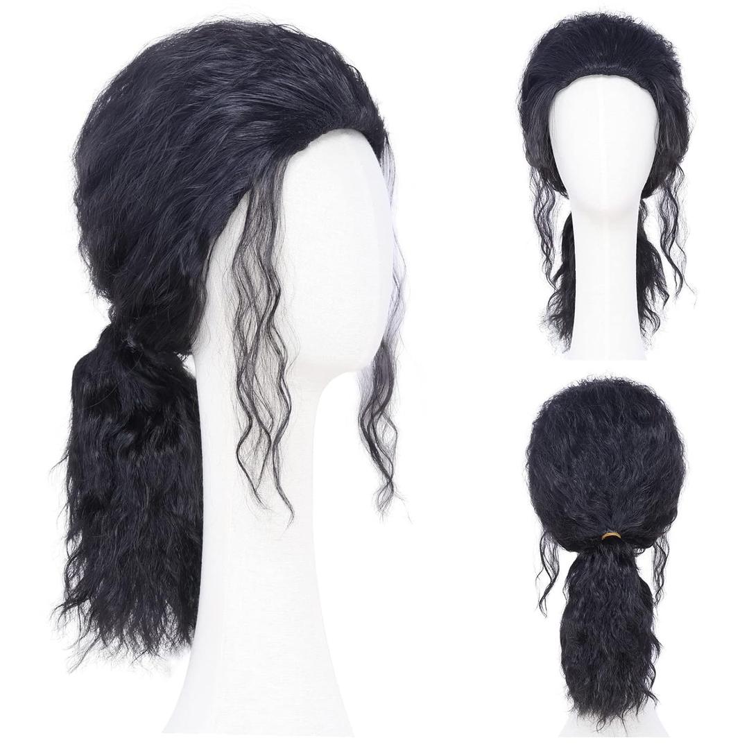 Men's Long Black Hair Wig - Natural Long Hair Wig Men, Men Cosplay Wigs, Curly Ponytail Synthetic Wigs, Heat Resistant Character Costume Wig For Party Or Halloween Cosplay Costume