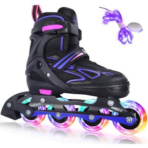 BELEEV Inline Skates with Light-Up Wheels & Shoelaces, 4-Size Adjustable Roller Blades for Kids, Boys & Girls Ages 5-8, 8-12, 6-12, Illuminating Skates for Youth & Women, Beginner Outdoor/Indoor Use (Purple), Size M