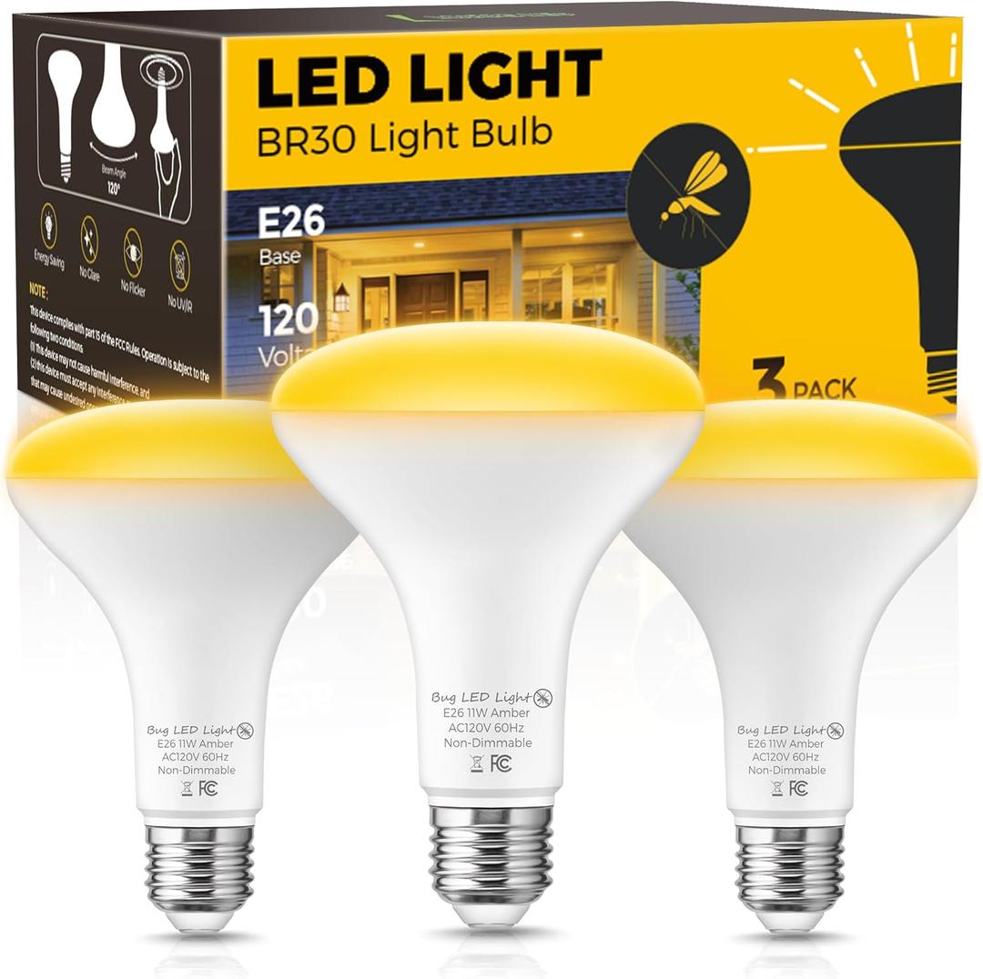 L LOHAS LED Yellow Bug Light Bulbs Outdoor, 65W Equivalent BR30 Bug Flood Lights for Outside, Non-Attracting, 11W Amber Porch Lights, E26 Base, Non-Dimmable, for Patio Deck Backyard, 3 Pack