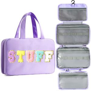 Toiletry Bag for Women Chenille Letter Makeup Bag Water-resistant Cosmetic Bag Travel Bag with Hanging Hook Preppy for Store Toiletries Cosmetic Accessories Medium Purple