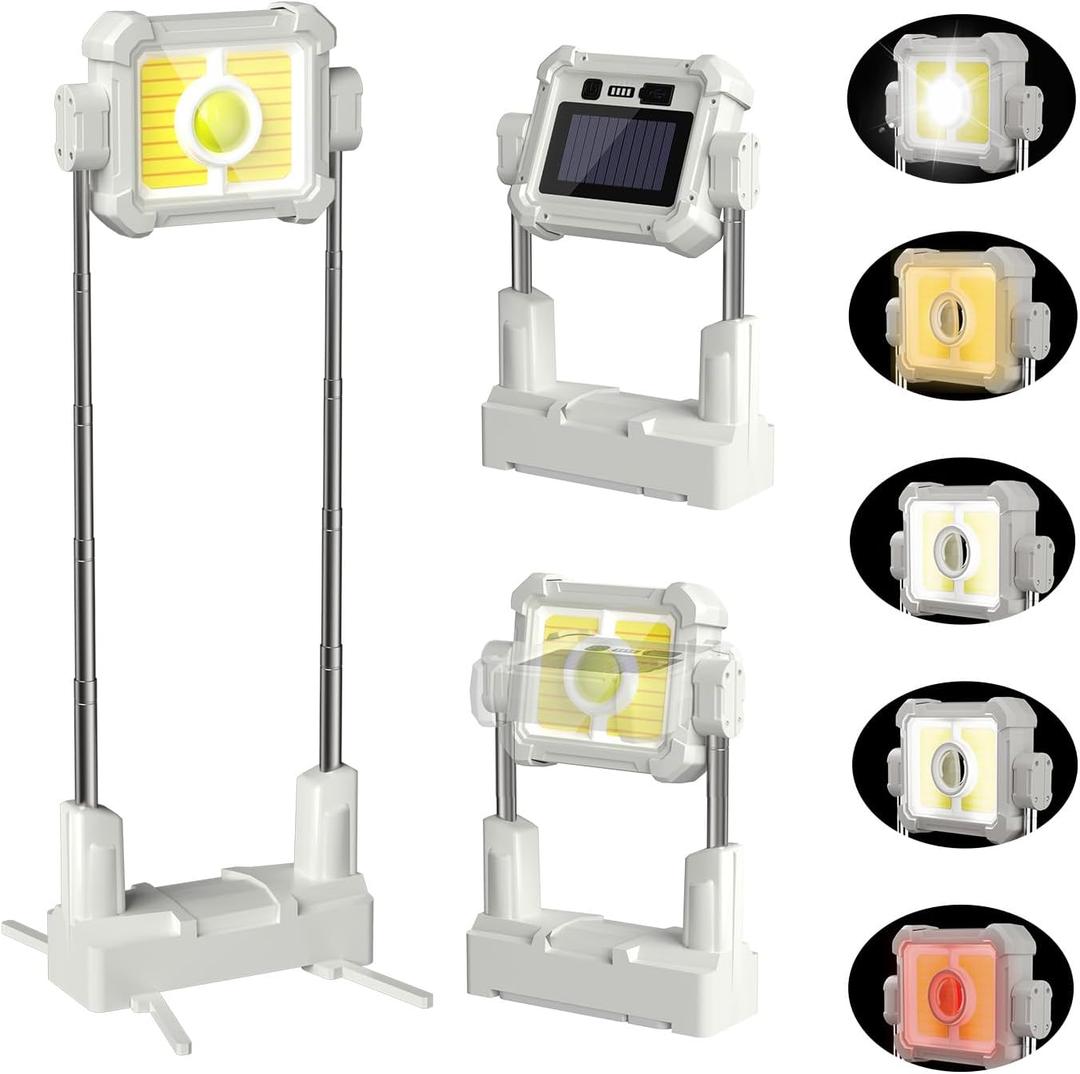 Rechargeable Work Light -10000 Lumen Solar Led Work Light, Waterproof Height Adjustable Portable Camping Lights with Stand, 5 Modes Tripod Mechanic Lights for Outdoor Indoor, Garage Car Repair