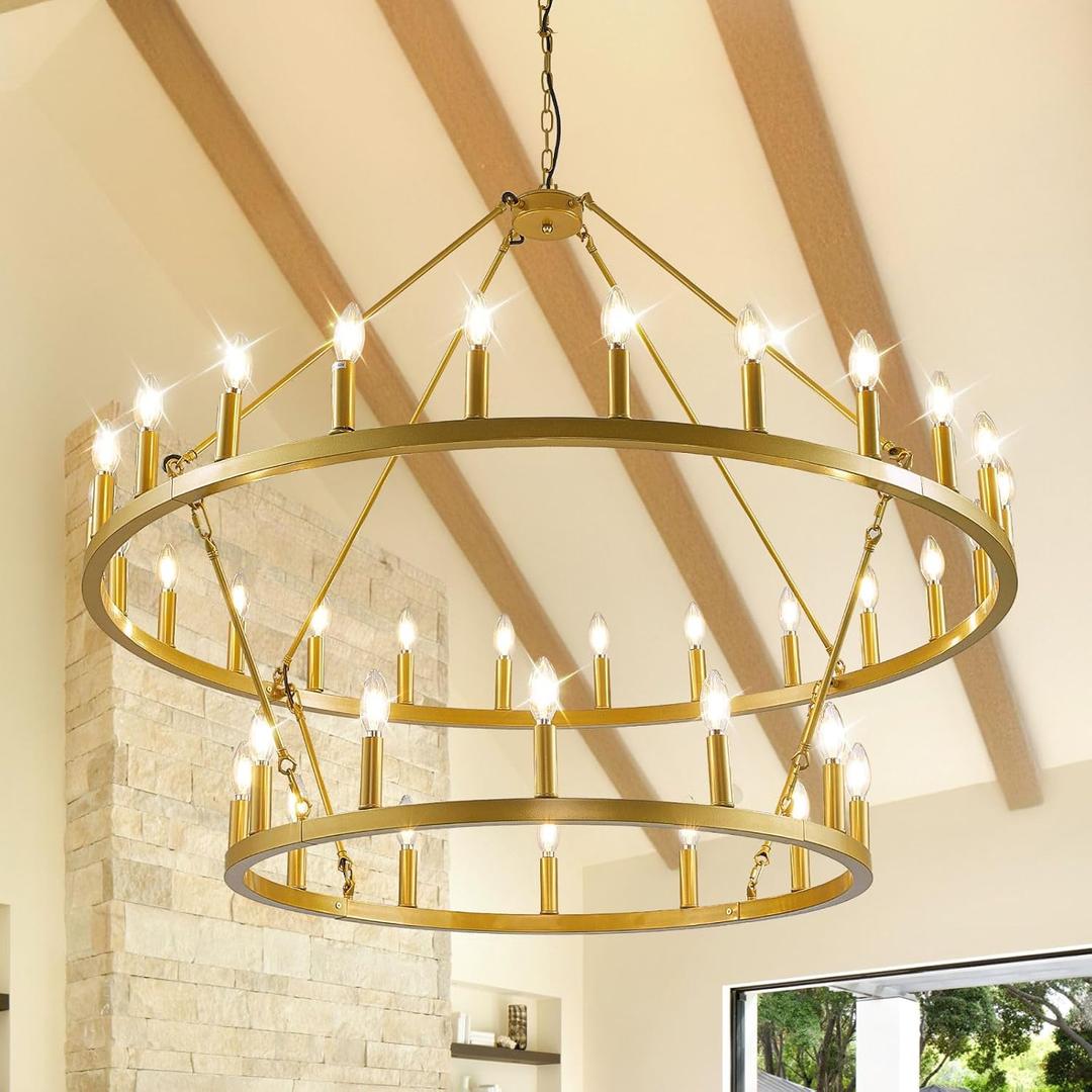 47" Gold Wagon Wheel Chandelier, 2 Tiers 36-Light Large Farmhouse Chandelier for High Ceilings, Round Rustic Pendant Light Fixture for Foyer, Entryway, Dining Room, Staircase