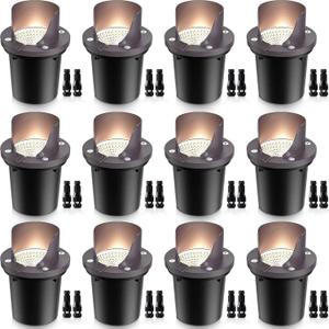 SUNVIE 12 Pack Low Voltage Landscape Lighting 12W LED Outdoor In-Ground Waterproof Shielded Well Lights Warm White Paver Lights with Wire Connectors for Pathway Garden Yard Fence Deck