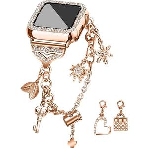 JOYOZY Band Compatible with Apple Watch 38mm 40mm 41mm 42mm 44mm 45mm 46mm, Bling Strap with Glitter Case Builtin Screen Protector, Interchangeable Charms Dressy Bracelet for Women (Rose Gold 46mm)