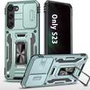 ANGELAS Shockproof Phone Case for Samsung Galaxy S23 - Silicone TPU Bumper with Anti-Fall Protection,Slide Camera Cover & Rotating Ring Kickstand,6.1Inch,Alpipne Green