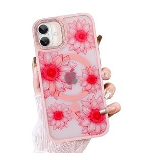 OOK Pink Case Design for iPhone 16 Case [Compatible with MagSafe], Cute Sunflower Floral Blooms Design Frosted Shockproof for Women Girls Magnetic Phone Cover - Pink Flower