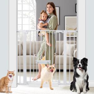 37 Inch Tall Baby Gate with Cat Door, Adjustable 29.55" and -40.55" Wide Auto Close Dog Gate Pressure Mounted Safety Pet Gate for Stairs, Doorway, House (White)