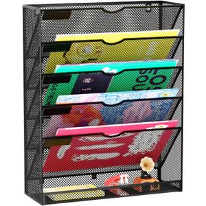 Hanging Wall File Organizer 6 Tier Wall Mounted Mail Paper Folder Holder Document Organization Stand, Vertical Desk Magazine Rack for Office Home Cubicle Countertop, Black