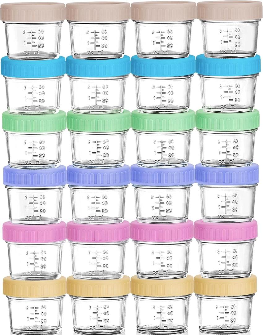 Glass Baby Food Storage Jars w/Lids (4 oz, 24 Pack Set) Snack, Puree, Reusable Small Containers, Breast Milk, Fridge or Freezer, Microwave & Dishwasher Safe, Essential Must Have for Infants