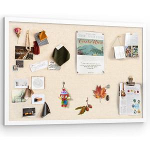 Miratino Large Bulletin Board 30x20 inch with Linen Cork Boards Wall Decor Hanging Pin Wood Framed Display Bulletin Cork Photo Picture Board Light for Room School Office 20-Pushpin Vintage White