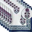 Hand Block White Cloth Napkins Set of 6  Elegant Cotton Napkins for Dinner, Weddings, Reusable Everyday Use  Decorative Floral Napkins Everyday for Kitchen & Home Decor (6, Purple, 18X18 Inches)