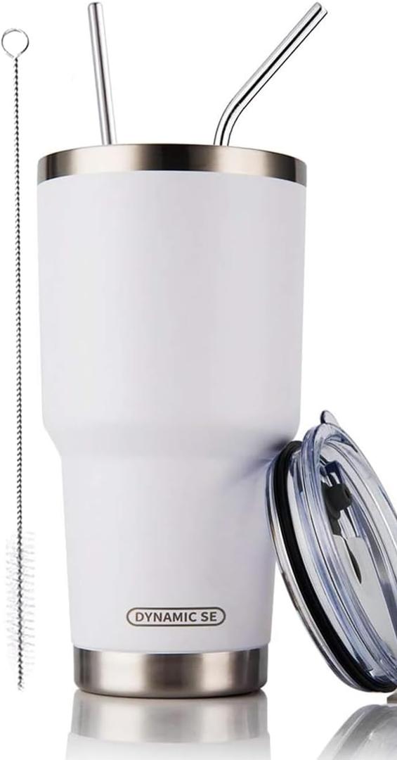 DS 30oz White Tumbler Stainless Steel Double Wall Vacuum Insulated Mug with Straw and Lid, Cleaning Brush for Cold and Hot Beverages (30oz White)