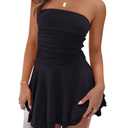 YBSKG Women Sexy Strapless Ruched Tube Mini Dress Y2K Sleeveless Backless Off Shoulder Flowy Ruffle Backless Bodycon Short Dress Black.Large