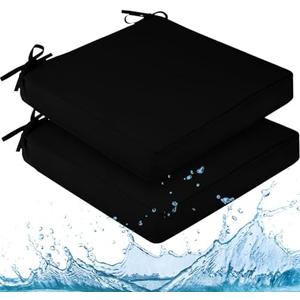 Waterproof Outdoor Chair Cushions for Patio Furniture, 24" x 24" x 4" Patio Chair Cushion with Adjustable Ties & Portable Handle, Square Outdoor Cushion with Removable Cover, Black, 2 Pack