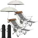 Colingmill 2 Pack Reclining Camping Chairs with 2 Umbrellas, Folding Beach Chairs with Footrest, Headrest, Cup Holder, 4-Position Adjustable Backrest Lounger for Lawn Outdoor, Picnic(Beige)