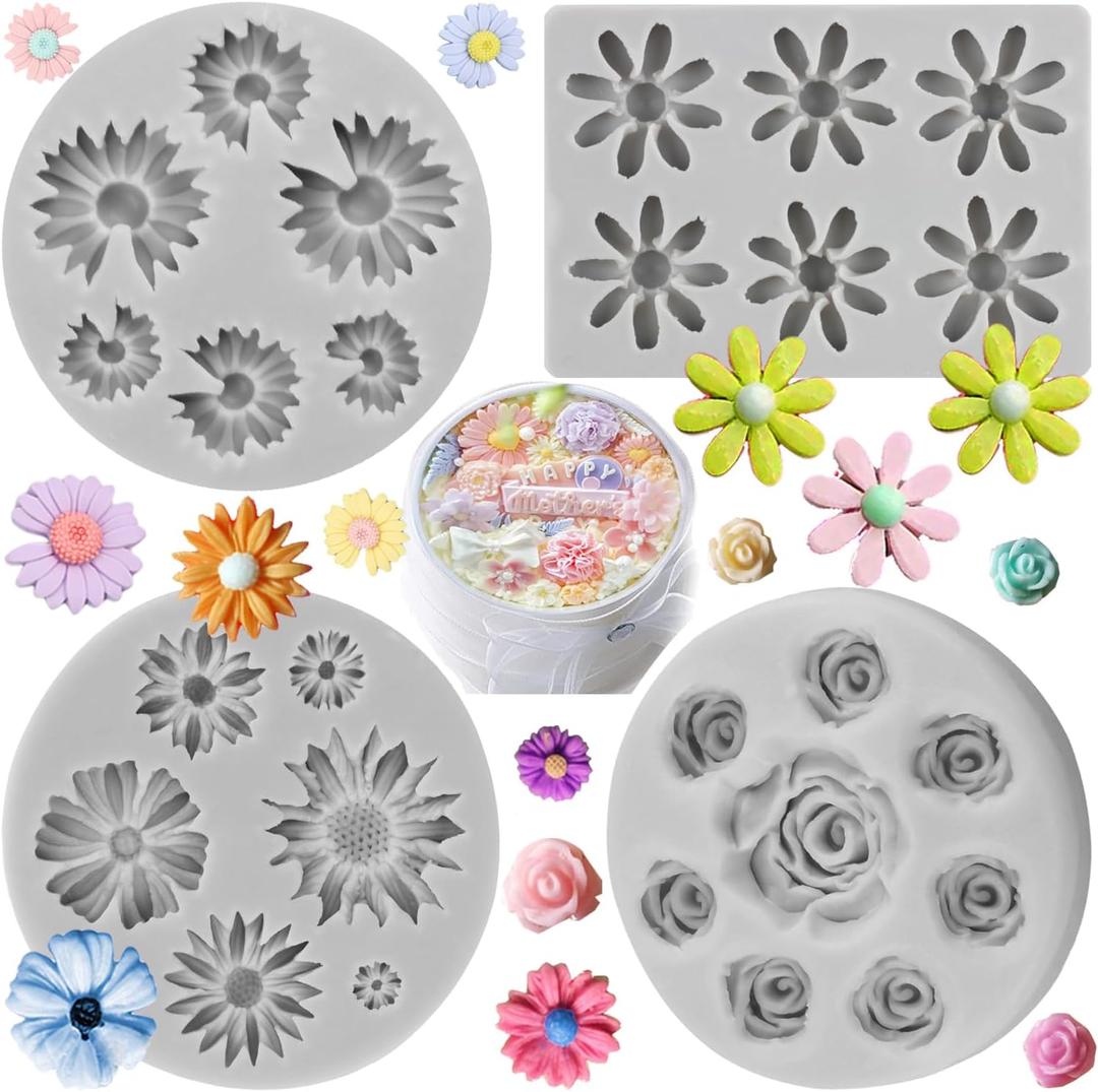 Sijiangmold Rose Flower Silicone Mold Daisy Chrysanthemum Fondant Molds Small Flower Chocolate Candy Molds For Cake Decorating Cupcake Topper Candy Polymer Clay Gum Paste Set Of 4