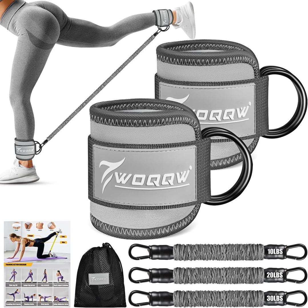 Ankle Resistance Bands with Cuffs, Leg and Glutes Workout Equipment, Resistance Bands with Ankle Straps for Cable Machine Kickbacks, Booty Workouts, Lower Body Exercises - Home Gym Exercise Equipment (Grey)