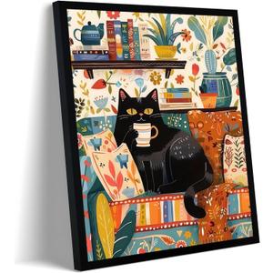 Framed Vintage Cat Canvas Wall Art, Funny Pink Animal Reading Books Painting Picture Print, Cute Kitten Lovers Aesthetic Wall Decor for Nursery Girls Room Bedroom Kids Room 16''L x 12''W