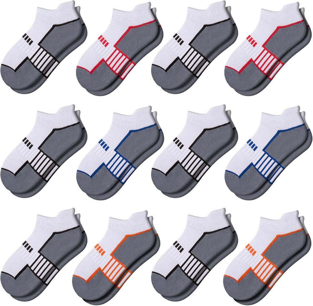 Comfoex 12 Pairs Boys Socks - Ankle Low Cut Athletic Half Cushioned Short Socks For Kids 4-10 Years Old