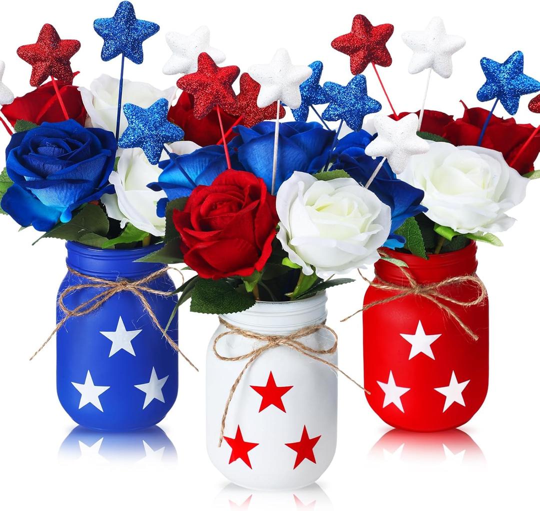 Pickmesh 34 Pcs 4th of July Decorations Patriotic Mason Jar Table Centerpiece with Flowers Star Ornaments Red Blue White Mason Jars Decor Memorial Day Independence Day Party Table Decorations Gift
