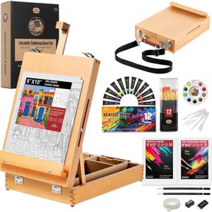 Beechwood Tabletop Easel Set for Painting, 60 Pieces 2-in-1 Art Supplies Specially Tailored for Painting & Sketching, Portable Adjustable Sketchbox Art Easel for Beginners and Art Lovers,Table easel box set with strap