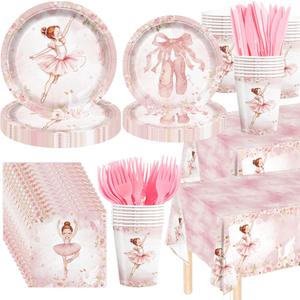 146Pcs Ballerina Birthday Party Supplies Tableware Plates Napkins Cups Cutlery and Tablecloth Ballet Birthday Party Decoration for 24 Guests