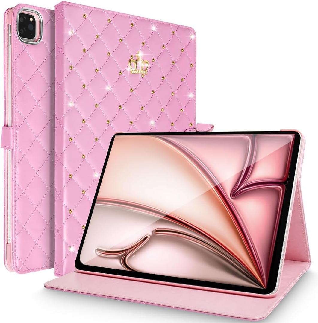 Changjia for iPad Air 13 Inch Case M3 2025/M2 2024, iPad Pro 12.9 (6th/5th/4th Gen 2022/2021/2020),Cute Crown Rhinestone Elegant PU Leather Auto Sleep/Wake Stand Protective Case for iPad Air 13", Pink