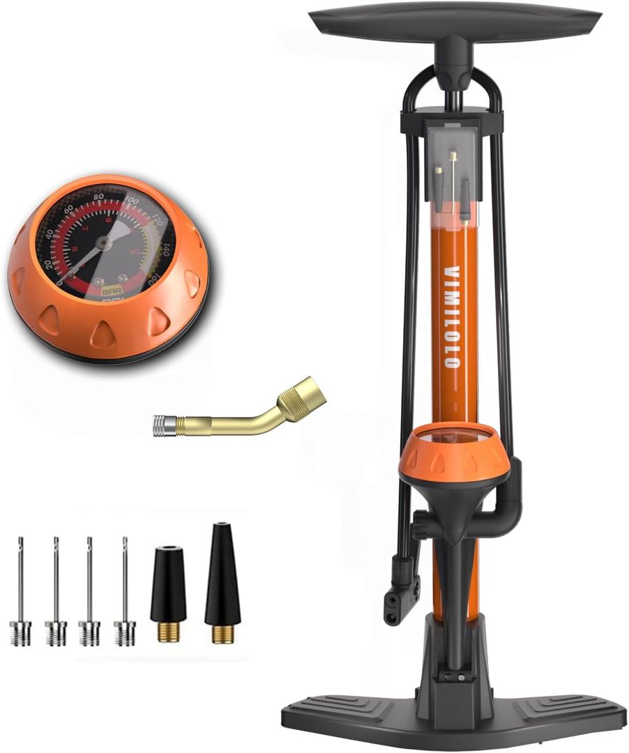 VIMILOLO Bicycle Pump, Bike Floor Pump with Gauge Inflator for Presta and Schrader Valve Portable Tire Pumps for Ball Bike Pumps